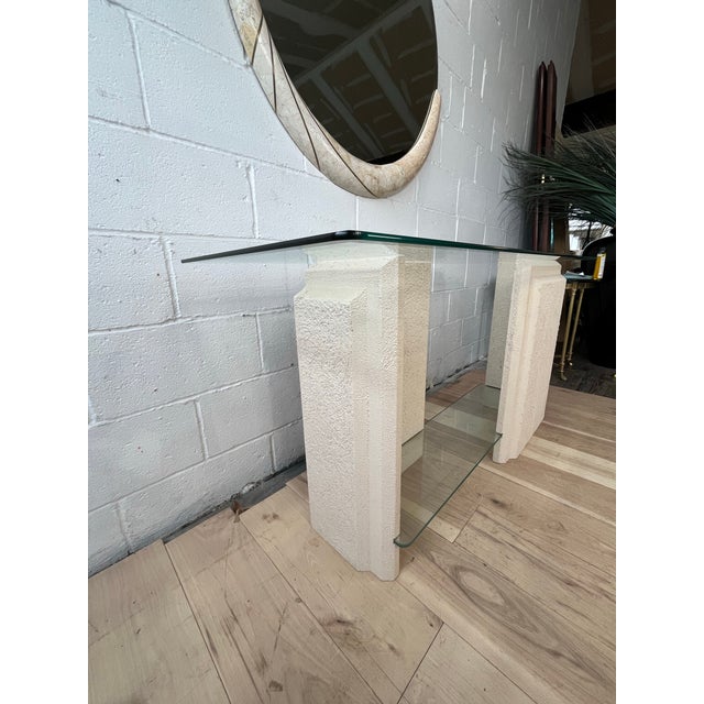 Antique White Postmodern Faux Stone Tiered Console Table, Plaster and Wood For Sale - Image 8 of 10