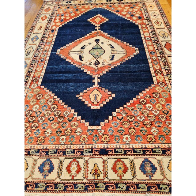 Vintage Turkish Azeri Rug, Hand-Knotted Wool, Geometric Design, Navy & Red, 8x11 For Sale - Image 9 of 15