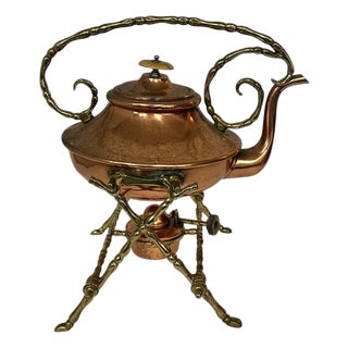 Vintage Copper and Brass Spirit Tea Kettle on Stand With Warmer For Sale