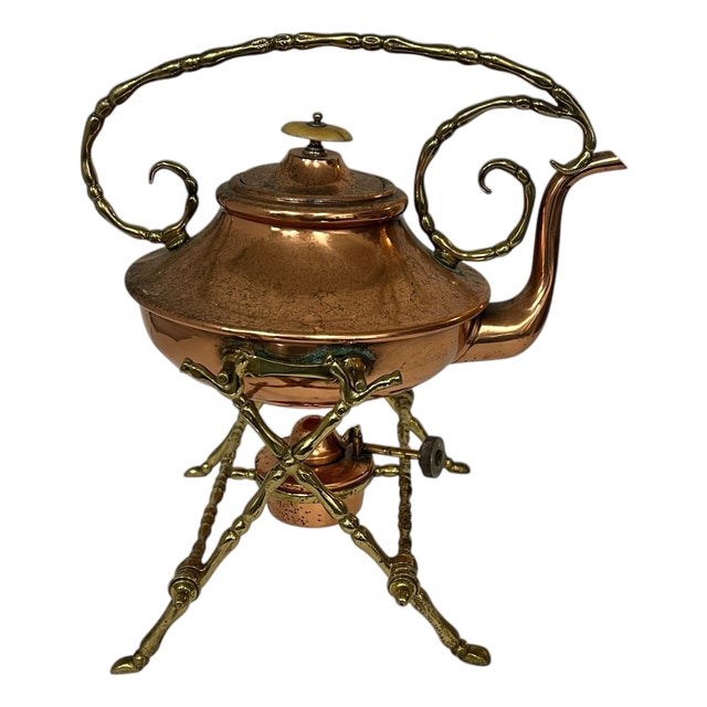 Vintage Copper and Brass Spirit Tea Kettle on Stand With Warmer For Sale