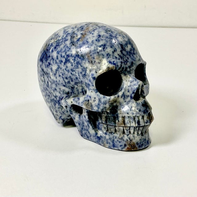 1970s Vintage Abstract Expressionism Boho Chic Hand Carved Blue Speckled Sodalite Skull Sculpture, Halloween For Sale - Image 10 of 13