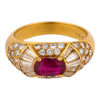 Vintage Ruby Diamond 18k Yellow Gold Ring, Size 6.75 For Sale