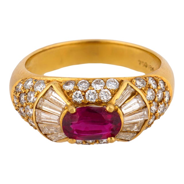 Vintage Ruby Diamond 18k Yellow Gold Ring, Size 6.75 For Sale