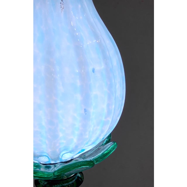 Italian Organic Modern Turquoise Blue Art Glass Lit Flower White Vase/Table Lamp For Sale - Image 9 of 10