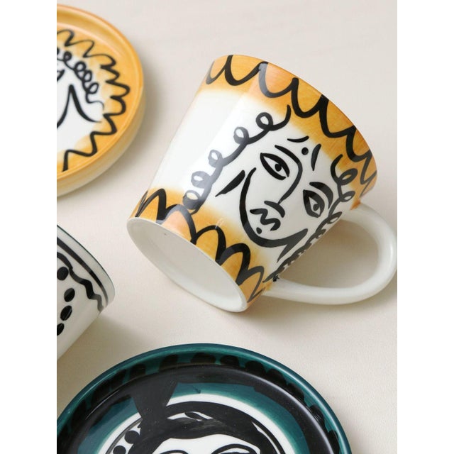 Abstract Face Ceramic Coffee Cup and Saucer Set of 2 - 4 pcs For Sale In Los Angeles - Image 6 of 7