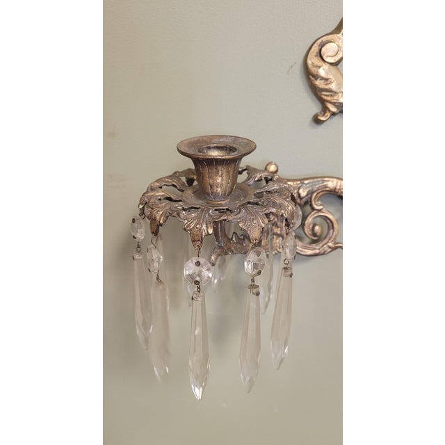 1930s A Pair 1930s Brass & Crystal Swan Candle Wall Sconces For Sale - Image 5 of 10