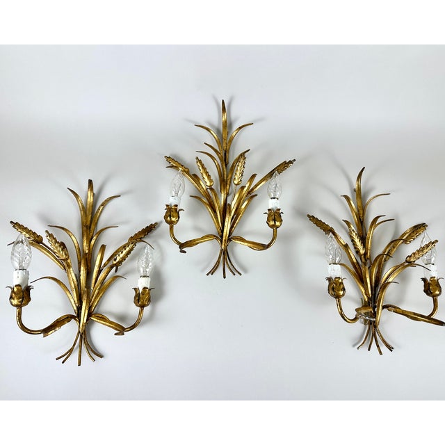 Gold Art Deco Italian Wheat Sheaf Sconces in Bronze, Florence, 1950s, Set of 3 For Sale - Image 8 of 8