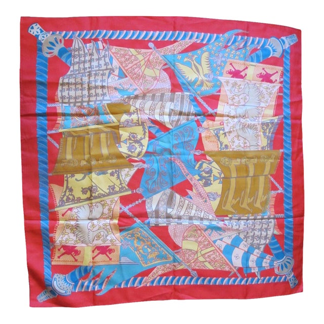 Hermes France Carre 90 Etendards Et Bonnieres Flags & Banners Red Silk Scarf For Sale