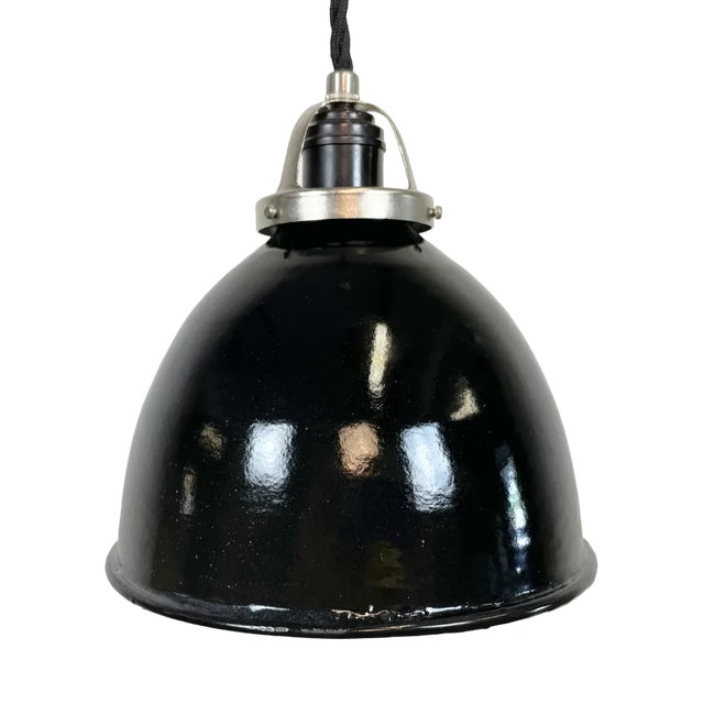 Small Industrial Black Enamel Pendant Lamp, 1950s For Sale