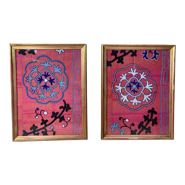 Pair of 19 Century Antique Silk Suzani Wall Hanging For Sale