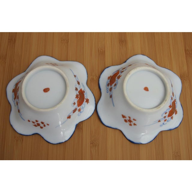 Japanese Kutani Red Blue & Gold Figural Porcelain Small Lotus Trinket Bowl Set For Sale - Image 10 of 11