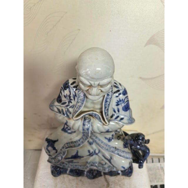 Early 20th Century Chinese Vintage Ceramic Buddhist Sculpture,Hand Carved Blue and White Porcelain the Eighteen Arhats Statue For Sale - Image 5 of 11