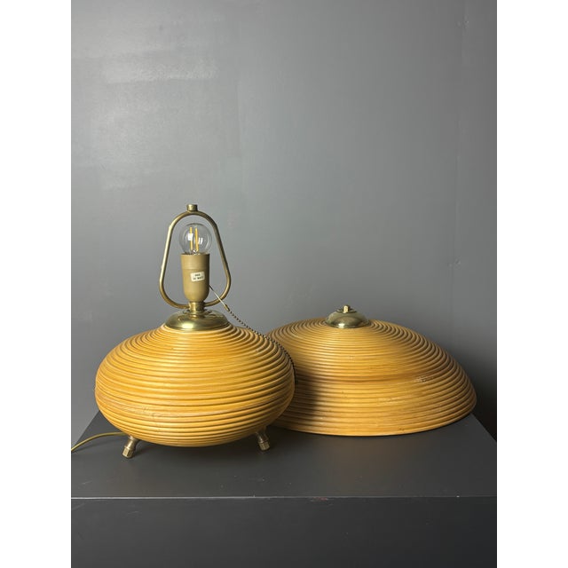 Pencil Reed Rattan Bamboo and Brass Mushroom Table Lamp, Italy, 1970s For Sale - Image 4 of 18
