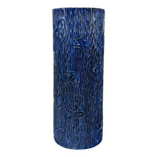 Blue Carved Fish Studio Pottery Vase by Hanen Ben Salah, 1970s For Sale