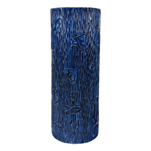 Blue Carved Fish Studio Pottery Vase by Hanen Ben Salah, 1970s For Sale