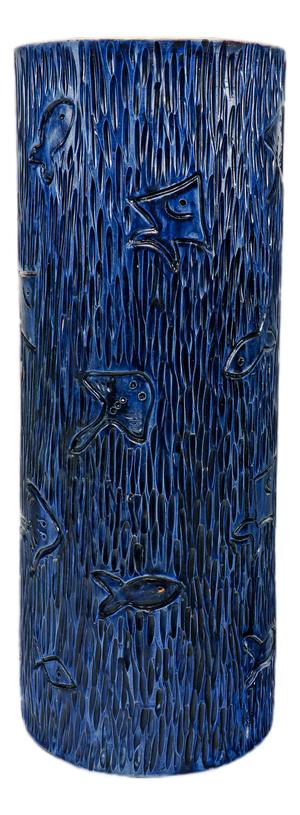 Blue Carved Fish Studio Pottery Vase by Hanen Ben Salah, 1970s