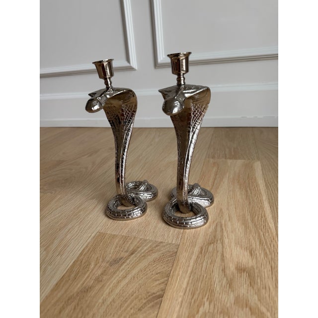 1930s Egyptian Revival Bronze Candlesticks/Taper Candle Holders, Newly Nickel Plated – Exquisitely Detailed Sculptural Pair For Sale - Image 9 of 11