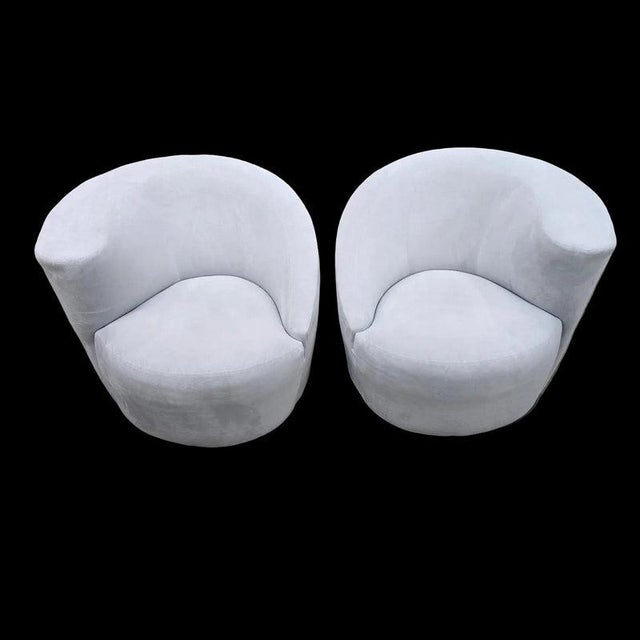 Mid Century Modern Vladimir Kagan For Directional Nautilus Asymmetrical Swivel Lounge Chairs in Ice-Blu Suede - Pair...