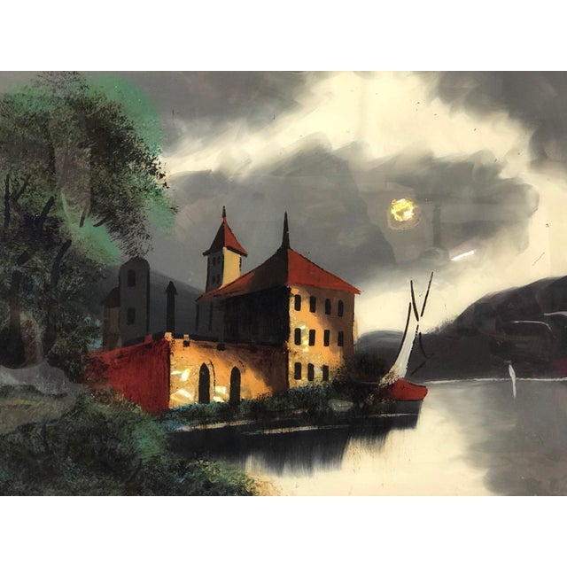 Antique Original Painting on Glass - 19” x 23” This exquisite antique original painting on glass showcases a captivating...