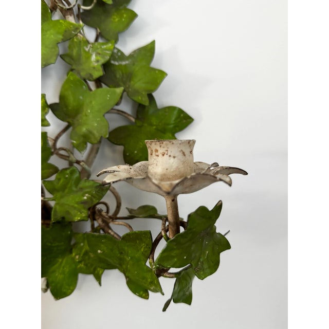 Pair of Vintage Italian Tole Painted Green Botanical Ivy Leaf Wall Candle Sconces For Sale In New York - Image 6 of 10