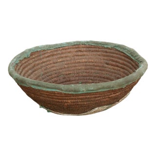Rustic Coiled Basket With Textile Rim For Sale