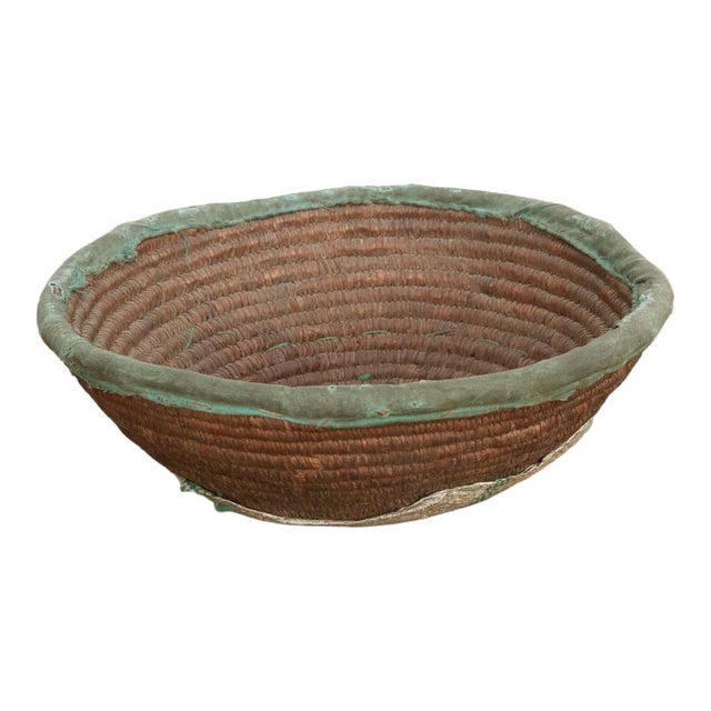 Rustic Coiled Basket With Textile Rim For Sale