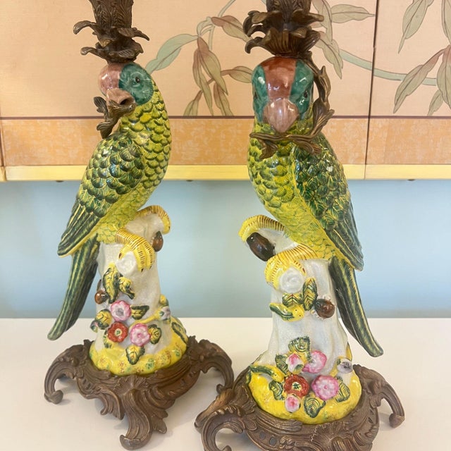 Vintage pair of bird figurine candle holders with bronze mounts // hand painted figurines // ceramic birds // elegant vintage decor For Sale - Image 10 of 10