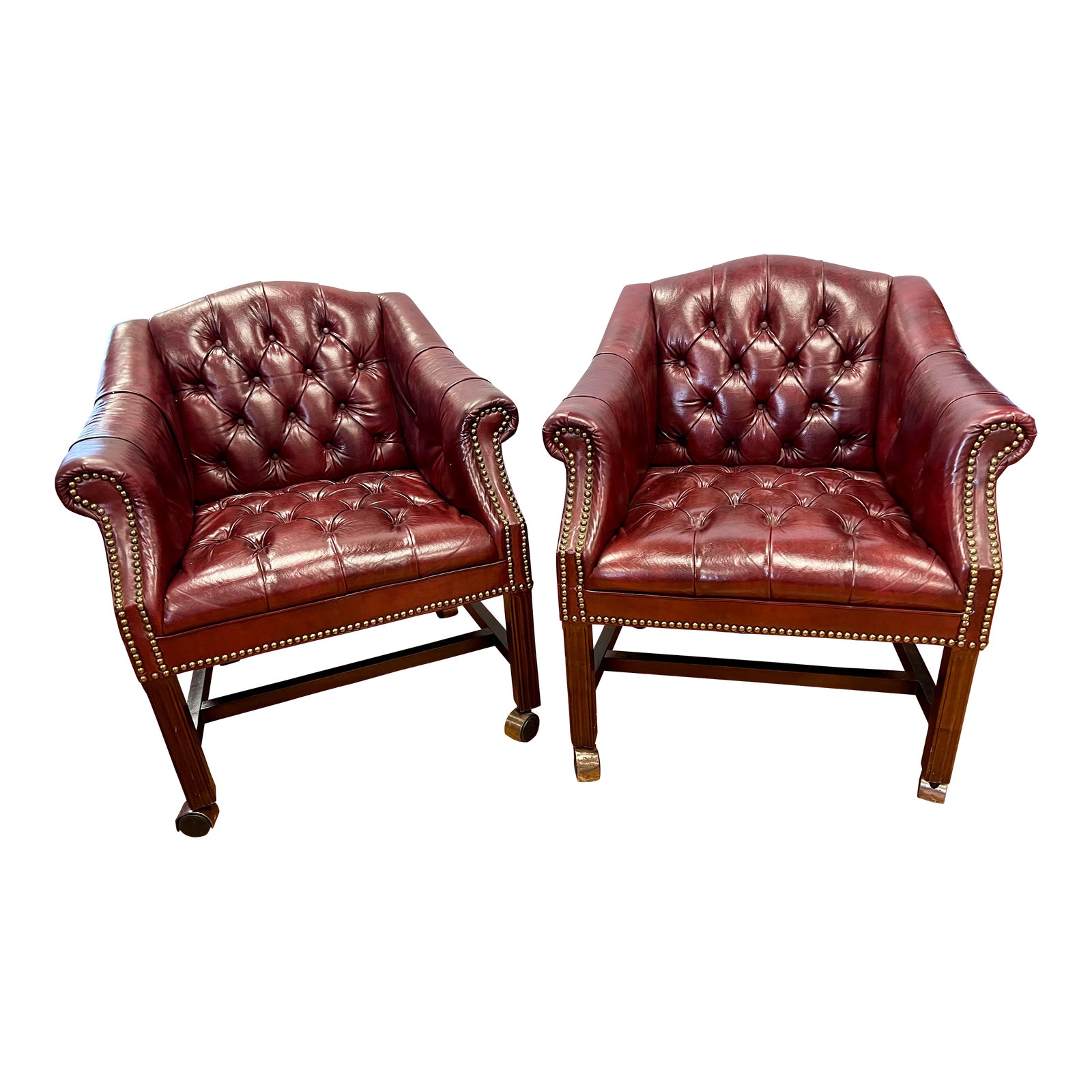 Pair of Burgundy Chesterfield Tufted Rolling Chairs With Nailheads
