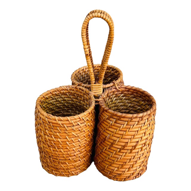 Vintage Woven Rattan 3 Slot Utensil Holder For Sale