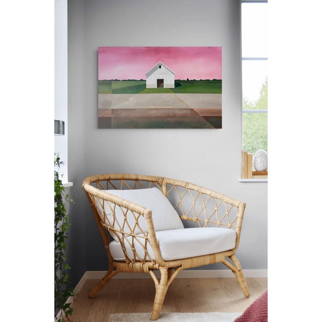 Alizarine Sky by Justin Wheatley | Acrylic on Canvas Barn Landscape With Pink Sky For Sale - Image 10 of 11