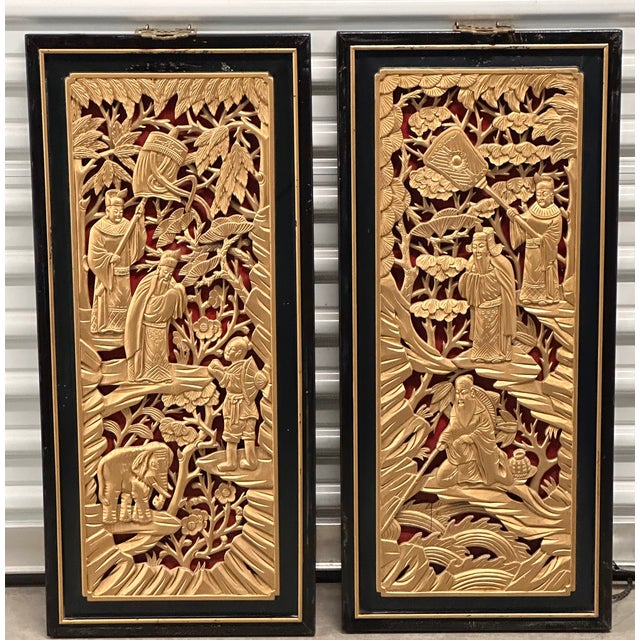 Chinese Gilded Hand-Carved Wood Lacquer Scholars Relief Wall Decor Panel Set For Sale - Image 12 of 12
