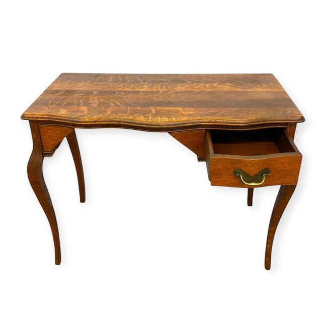 Wood Antique Tiger Oak Writing Desk With Cabriole Legs – John Stengel & Co. For Sale - Image 7 of 13
