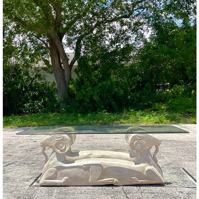 Late 20th Century Vintage Boho Plaster Double Ram’s Head Coffee Table For Sale - Image 4 of 6
