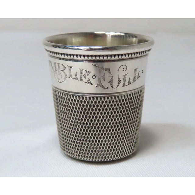 Metal Antique Sterling Silver "Only a Thimble Full" Motto Giant Sewing Thimble Shot Glass For Sale - Image 7 of 13