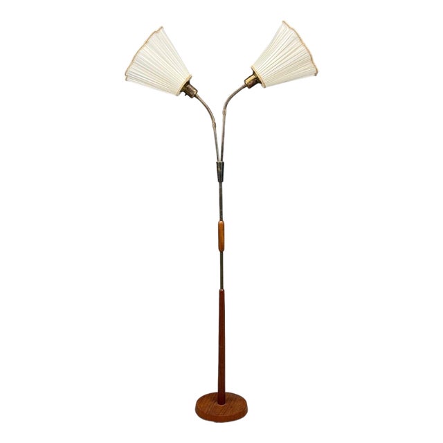 Nybro Armaturfabrik, Floor Lamp, Wood, Metal, Fabric, Sweden, 1940s For Sale