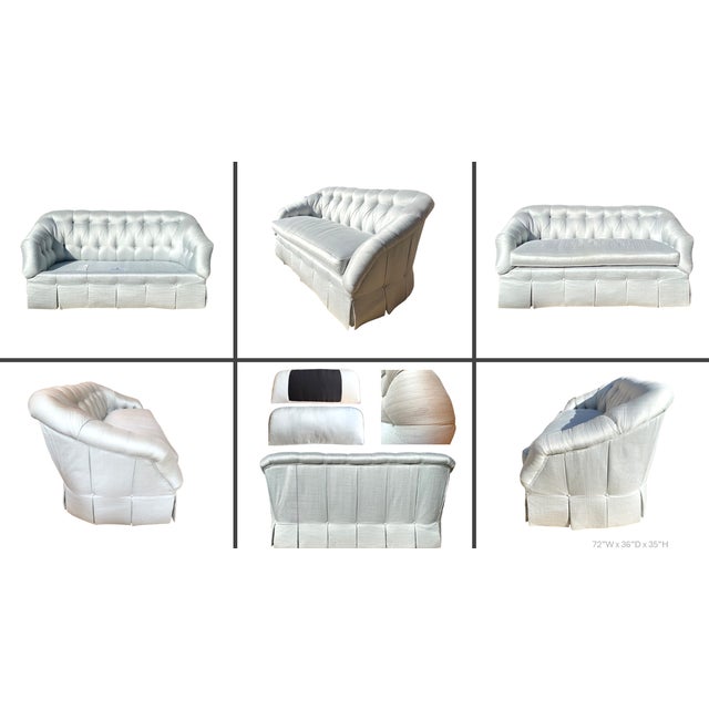 Custom Blue Tufted Sofa With Pleated Skirt For Sale - Image 11 of 15