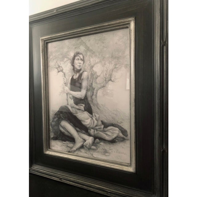 This artwork features a figure seated on the ground, holding a stick, surrounded by a textured landscape of trees and...