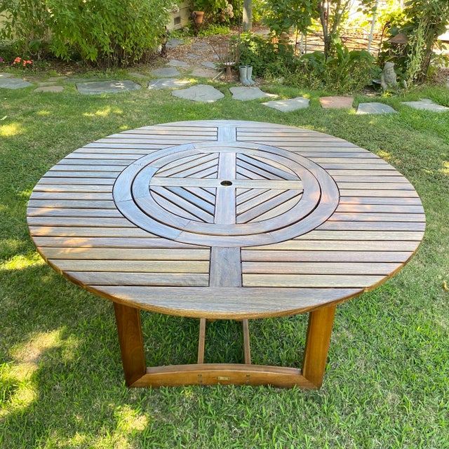 2010s Outdoor Wood Table With Lazy Suzy Center - 63" Round For Sale - Image 5 of 18