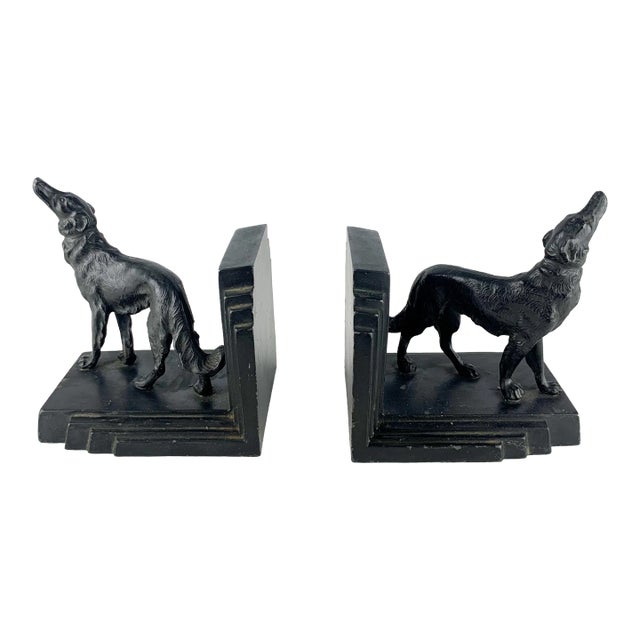 Vintage Pair Cast Metal Borzoi Ronson Black Dog Figure Bookends Art Deco Bronze For Sale