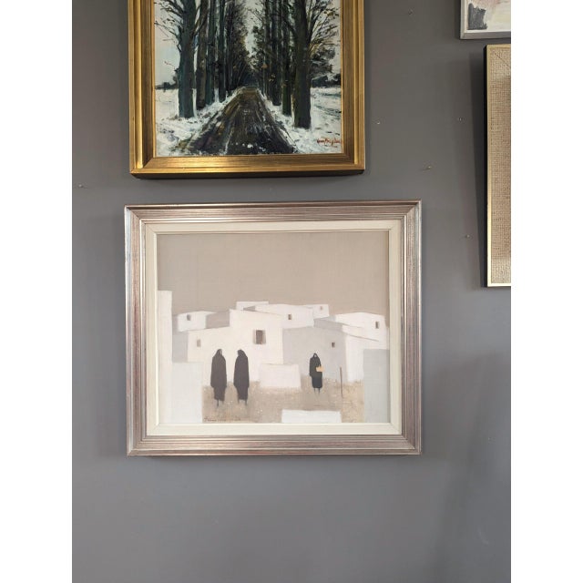 Mid-Century Modern 'Quiet Commune' Original Figure City Oil Painting by Swedish Artist Fabian Lundqvist (1913-1989), Framed For Sale - Image 4 of 12