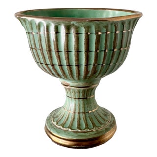 Vintage Hull Art Pottery Gilded Green Pedestal Planter/Vase For Sale