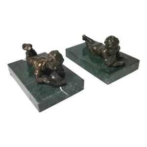 Early 20th Century Pair of Bronze Children Reading on Green Marble Bases