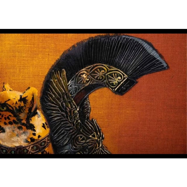 Burnt Orange 1970s Hollywood Regency Cheetahs and Roman Helmet Oil on Burlap, Signed Wyman For Sale - Image 8 of 9