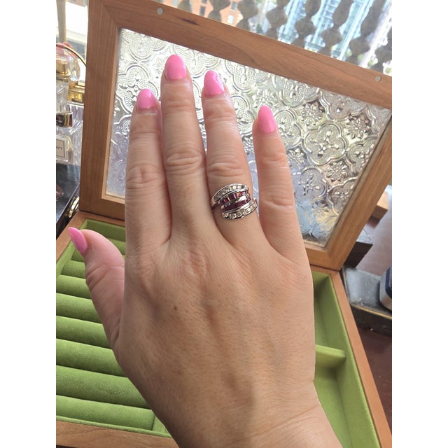 Late 20th Century Vintage 18k Wg 1 Carat Ruby and Diamond Channel Set Cocktail Ring, Size 5.5 For Sale - Image 5 of 6