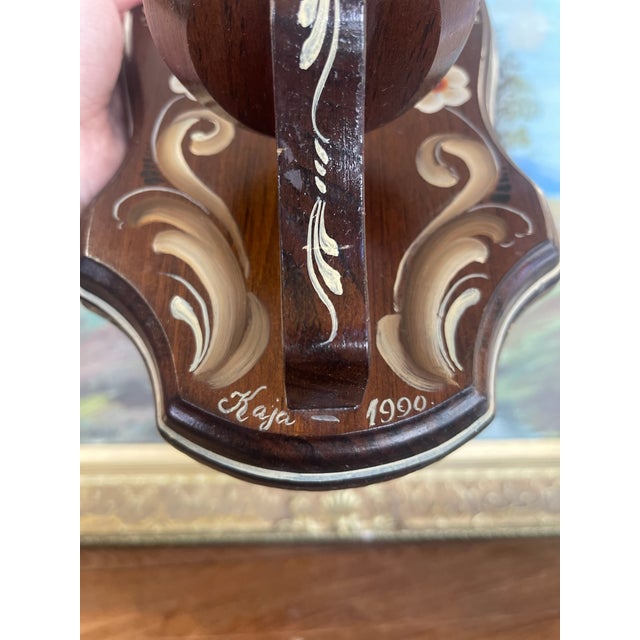 Possibly Norwegian Hand-Painted Rosemaling Wall Pocket With Candlestick Holder or Miniature Vase, Signed by Kaja, 1990-Scandinavian Folk Art Decor. For Sale In Seattle - Image 6 of 9