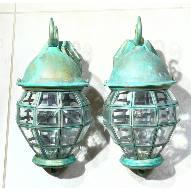 Funky Vintage Pair of Solid Brass Verdigris Wall Lanterns - 14”h X 7” W X 8”.5 D For Sale In Miami - Image 6 of 17