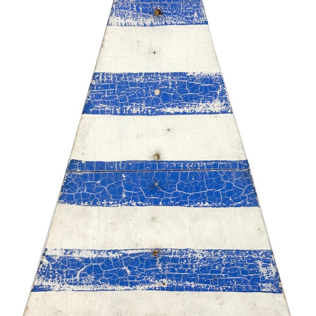 Vintage 1950s Primitive Wooden Windmill Fan Blade Distressed Painted White & Blue Striped Wood For Sale In Philadelphia - Image 6 of 10