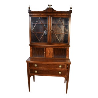 1930s Federal Style Mahogany Secretary Desk Hutch Display Cabinet Bookcase For Sale