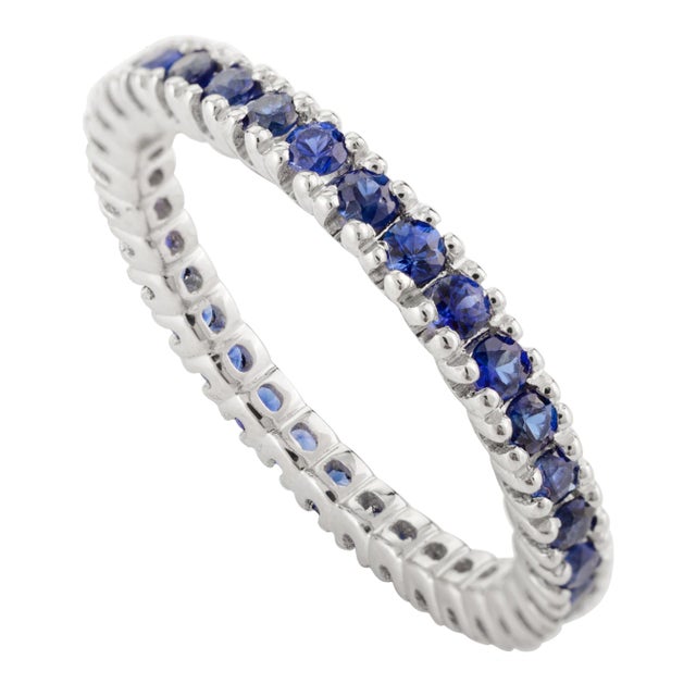 Prong Set Blue Sapphire Round Cut Eternity Band in 18k White Gold Size 5.5 For Sale