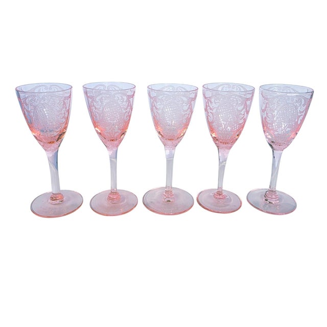 Cambridge Glass Company 1929 Cambridge Glass Pink Etched Cordial Glasses, Etch 740, Set of 5 For Sale - Image 4 of 13